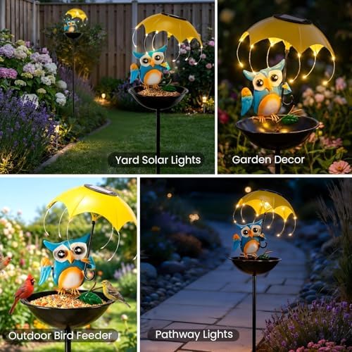 Solar Bird Feeders for Outdoors, Owl Garden Decor with Umbrella Light