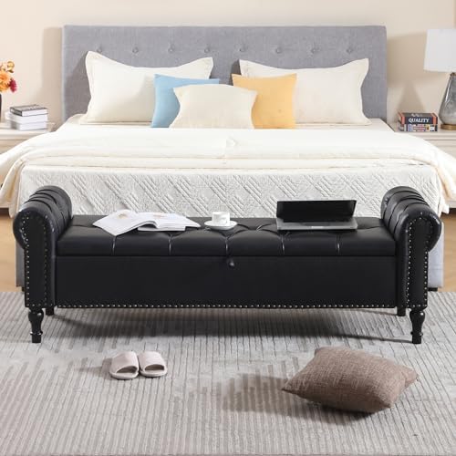 Leather Storage Bench 67 Inch Upholstered Tufted Ottoman Bench with Arms King Size End of Bed Bench for Bedroom Living Room Entryway Obsidian Black