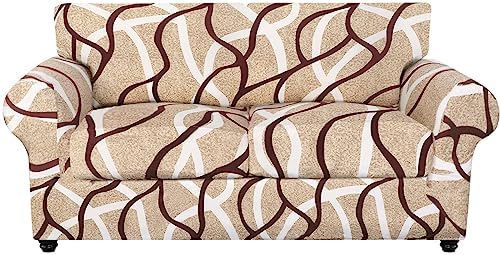 SearchI Stretch Sofa Cover Printed Couch Cover, Floral Pattern 3 Pieces Loveseat Slipcover with 2 Separate Cushion Cover, Washable Furniture Protector for Living Room(Loveseat, Khaki)