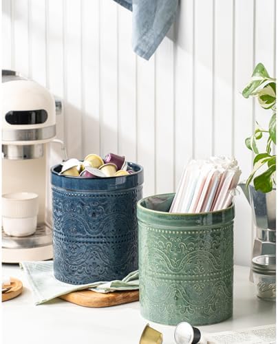 Kitchen Utensil Holder, 7 Inches Large Ceramic Utensil Holder for Countertop, Lace Emboss Cooking Utensil Crocks for Kitchen, Home Decor, Reactive Blue