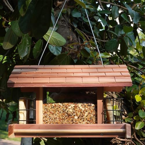 Wooden Bird Feeder for Outdoors Hanging Mount Large Capacity, Red Cedar Garden Roof Feeder with 2 Suet Cages, Cardinal Bluebird Birdfeeder for Garden Decoration Yard, Weatherproof Durable