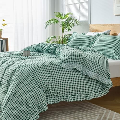 Gingham Duvet Cover Queen Size, 3 Pieces Soft Breathable Microfiber Plaid Duvet Cover with Zipper Closure & 2 Pillow Shams, Ruffle Farmhouse Vintage Decor, Green