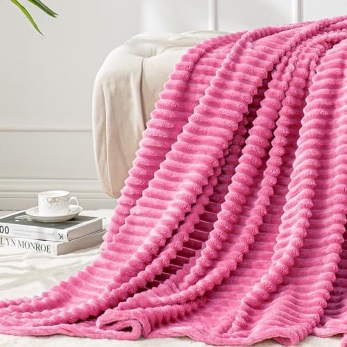 BEDELITE 3D Ribbed Hot Pink Fleece Throw Blanket for Couch, 50x60 Inch