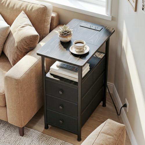 LOAKEKEL Narrow Side Table, Small End Table with Charging Station