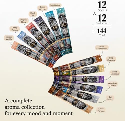 Tulasi Blunt Action Incense Sticks, 12 Packs, 144Pc, Long Lasting Fragrance, Natural Essential Oils Hand Rolled Incense Sticks for Aromatherapy, Relaxing, Yoga, Meditation, Prayer