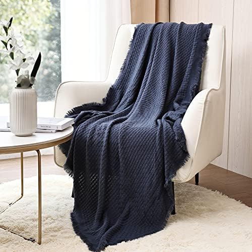 CREVENT Farmhouse Waffle Knit Throw Blanket for Couch Sofa Chair Bed Home Decoration, Soft Warm Cozy Light Weight for Spring Summer Fall (50''X60'' Navy Blue)