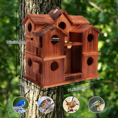 10-Room Bird House for Outside, Carbonized Wood Birdhouses for Outdoor