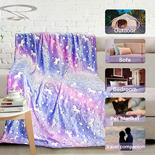Unicorn Glow in the Dark Kids Blanket, 50"x60" Soft Fleece Throw for Girls Age 3-12