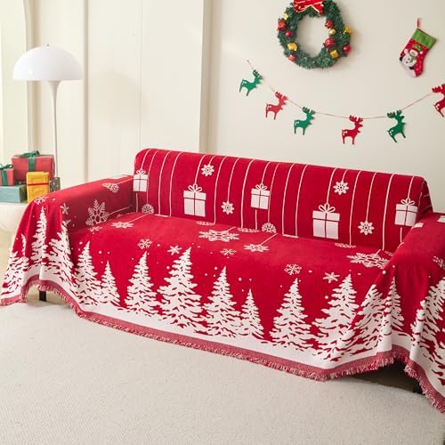 MEETSKY Christmas Couch Cover for Sectional Sofa, Chenille Loveseat Red Sofa Covers Washable for Pet Friendly Cedar Decorative Couch Covers, 71" x 134"