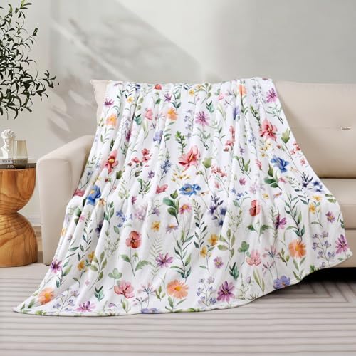 Floral Blanket Colorful Plants Wildflowers Throw Blanket Botanical Flowers Printed Blankets Soft Cozy Flannel Fleece Bed Blankets for Couch Sofa Bed Lounging