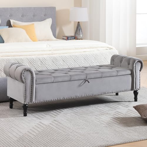 Velvet Storage Bench 67 Inch Upholstered Tufted Ottoman Bench with Arms King Size End of Bed Bench for Bedroom Living Room Entryway Light Grey
