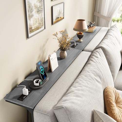 Kitstorack Narrow Sofa Table with Charging Station, 78.8" Behind Couch Table, Adjustable 24.4"-32.7" Height, Modular 2-piece Design for sectionals, entryways, Apartments, and Narrow Living Spaces