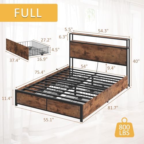 Lifezone Full Bed Frame with 2-Tier Storage Headboard, Metal Platform Bed Frame with 4 Storage Drawers, Built in Charging Station & LED, Noise-Free/Metal Support/No Box Spring Needed, Vintage Brown