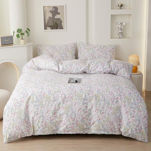 HighBuy Pink Floral Duvet Cover King,Durable 100% Cotton Comforter Cover Sets,Breathable Cottagecore Botanical Flowers Pattern Bedding Set for Women Girls,1 King Duvet Cover and 2 Pillowcases