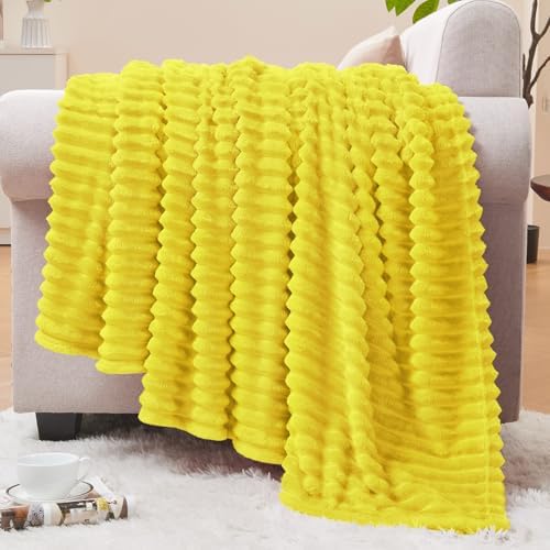 BEDELITE Ribbed Jacquard Yellow Fleece Throw Blanket for Couch, 50x60 Inch