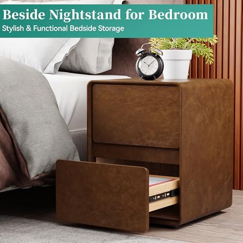 15.8" W Leather Narrow Nightstand Set of 2, Modern Fully-Assembled Bedside Table with 2 Drawers, Night Stand Small End Table & Side Table for Bedroom, Brown