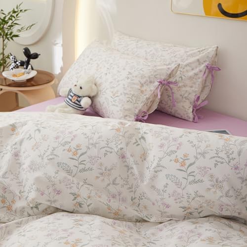 HighBuy Vintage Floral Duvet Cover Set King with Pink Yellow Floral Print,Comforter Cover Chic Floral Bedding Set,100% Cotton Super Soft,1 Duvet Cover with 2 Bowknot Bow Tie Pillowcases
