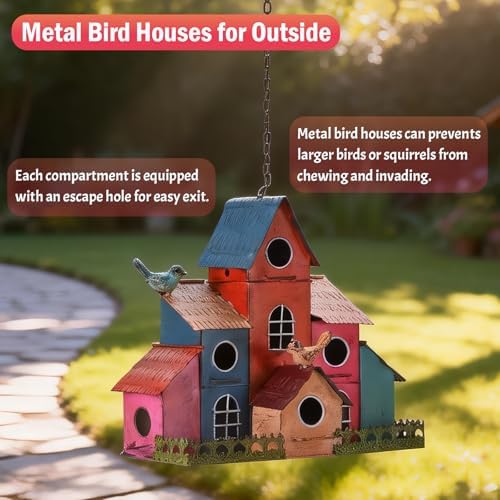 Large Bird House for Outside Hanging, Colorful Birdhouse with 6-Compartment