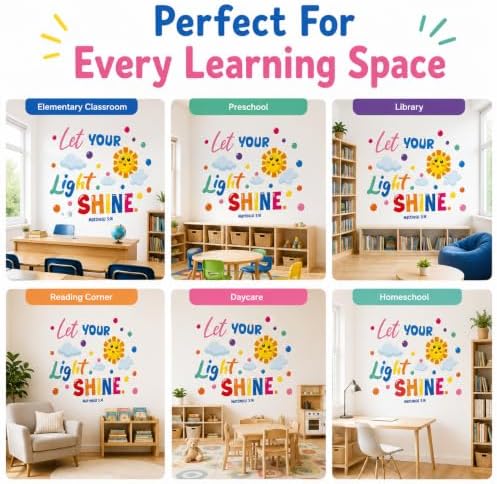 Cinrobiye Inspirational Quotes Wall Decals, Let Your Light Shine Classroom Wall Decor, Colorful Sun & Cloud Wall Stickers for Reading Corner, Playroom, Preschool, Daycare & Elementary Classroom