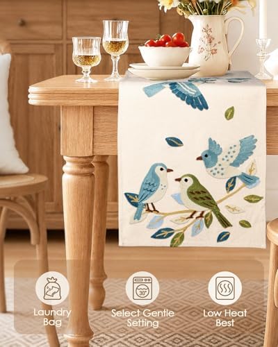 Miss Adola Embroidered Canvas Table Runner 13"x72", Bird Harmony