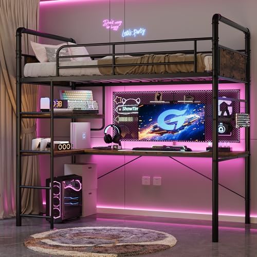 GarveeHome Loft Bunk Bed with L-Shaped Desk, Industrial Twin Loft Bed,Brown