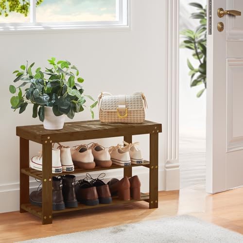 Pipishell 3 Tier Bamboo Shoe Rack Bench for Entryway, Yellow Brown