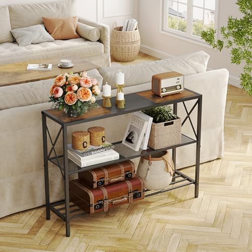 Hoctieon Industrial Console Table, 3 Tier Entryway Table, Hallway Tables, Narrow Sofa Tables with Shelves, Entrance Table for Entryway, Rustic Brown&Black