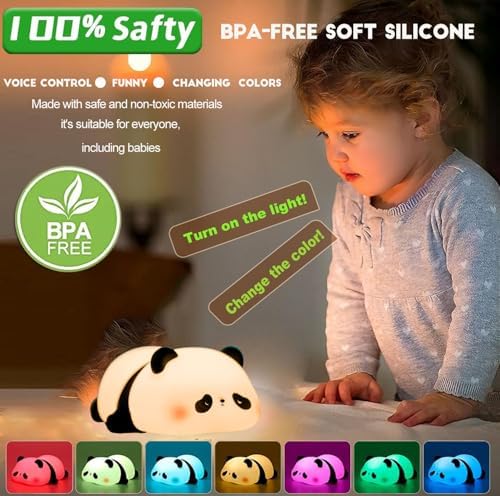 Panda Night Light for Kids, Squishy Silicone Voice Control 7 Color Lamp