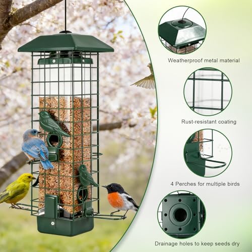 Gbekery Metal Squirrel Proof Bird Feeders for Outdoors Hanging, Green