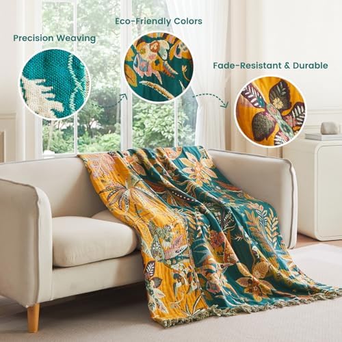 MSGKV Boho Throw Blanket 50"x60" Cotton Fall Floral Blanket for Couch