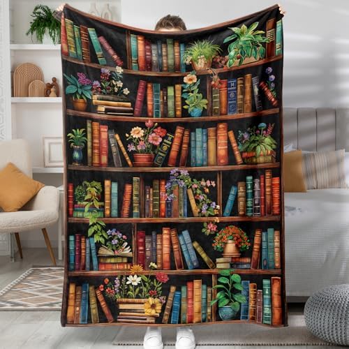 Bookshelf Throw Blanket Vintage Books Blanket for Book Lovers Reading Blankets for Readers Floral Fleece Throw Blanket Super Soft Warm Cozy Flannel Blankets for Couch Sofa Bed 60x80in