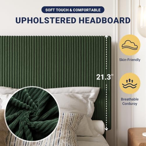 Allewie Queen Bed Frame, Adjustable Corduroy Headboard, Platform, Green
