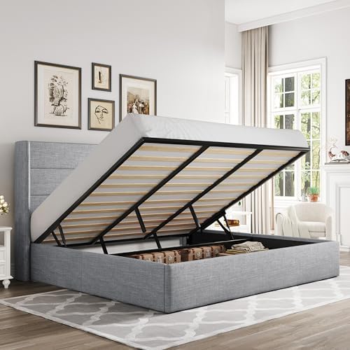 Allewie King Size Lift Up Hydraulic Storage Bed Frame Light Grey