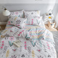 HighBuy Floral Printed Bedding Set Queen Duvet Cover Girls Cotton Comforter Cover Garden Aesthetic Reversible Striped Bedding Sets 3 Piece Queen Bed Boho Comforter Cover Duvet Cover Set