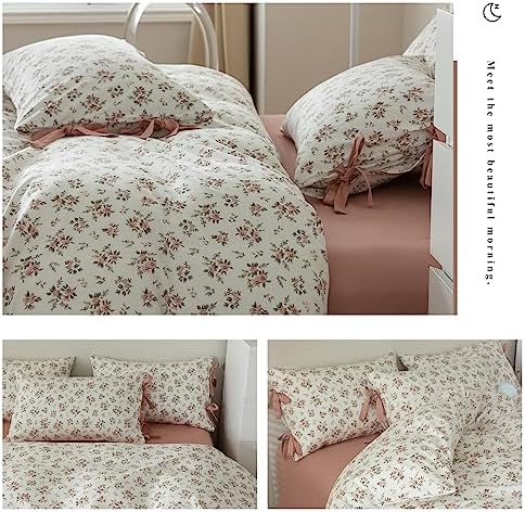 HighBuy Floral Duvet Cover Twin Pink Floral 3 Piece Twin Girl Cottagecore Bedding Set with 2 Bow Tie Pillowcases,Room Decor Vintage Flowers Comforter Cover Princess for Teens Dorm
