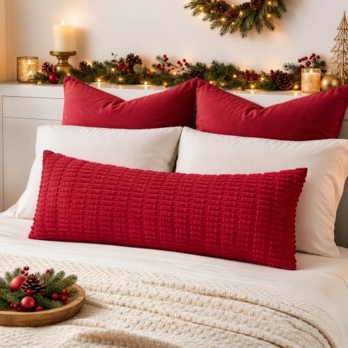 MIULEE Christmas Lumbar Corduroy Throw Pillow Cover for Bed 14x36 Red