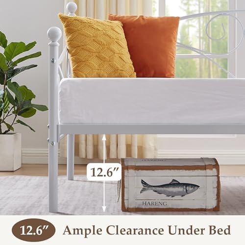 VECELO Daybed Frame, Twin Size Metal Platform Sofa Bed Mattress Foundation with Headboard, Heavy-Duty Steel Slat Support for Bedroom Living/Guest Room, Easy Assembly, White