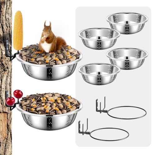 Squirrel Feeders for Outside, Metal Durable Bowl Tree Mounted of Chipmunk Feeder, Squirrel Food for Backyard Squirrels Hold Corn, Corn Cob, Peanuts (8.5Inch - 2 Stand 4 Bowl