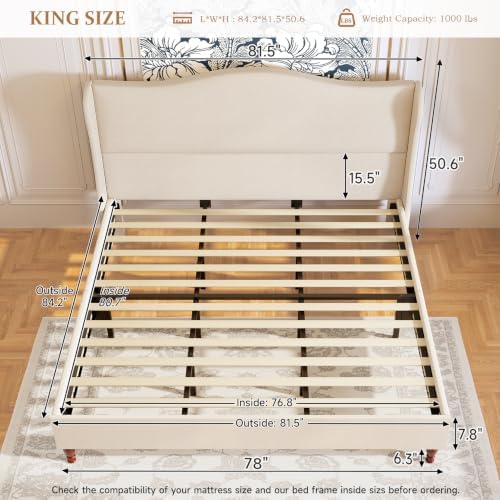 koorlian King Size Bed Frame Upholstered Platform Bed with 51" Tall Headboard Wingback, Soft Fabric, Retro Simple Style Platform Bed No Box Spring Needed, Easy Assembly, Beige