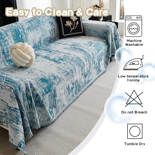 MEETSKY Couch Cover Boho Sofa Covers Couch Covers for 3 Cushion Couch Sofa Pet Friendly, Washable Abstract Geometric Sofa Slipcover for Sectional Sofa Cover with Tassel, 91" x 134", Blue