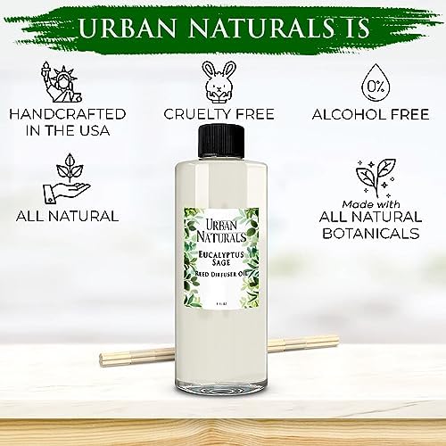 Urban Naturals Reed Diffuser Oil Refill Eucalyptus Sage with Mint, Lime, Cedarwood 8 oz + Free Reed Sticks, Made in the USA