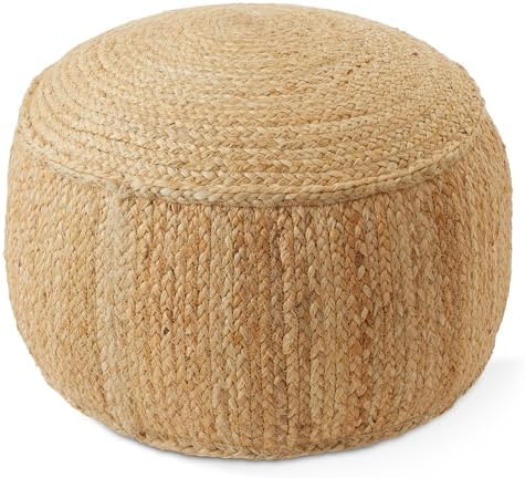 Casafield Braided Jute Pouf, Large Round Pouf Ottoman, 22" W x 22" D x 14" H Woven Jute Footrest, Decorative Indoor Boho Home Accent for Living Room