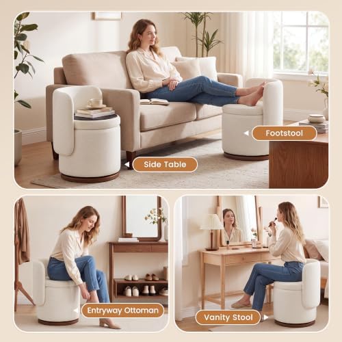 Ottoman with Storage, Round Vanity Stool with Back