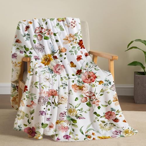 Watercolor Flowers Throw Blanket Botanical Floral Throw Blanket Ultra Soft Flannel Fleece Bed Blanket Cozy Fuzzy Plush Couch Cover Lightweight Wildflowers Plants Blanket for Sofa Bed 50" X 60"