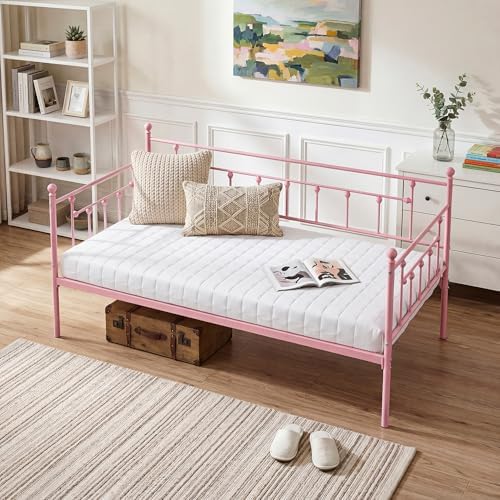 VECELO Twin Size Daybed Frame Metal Steel Slat Support with Headboard Sofa Bed Platform for Living Room, Guest Room, Easy Assembly, Pink