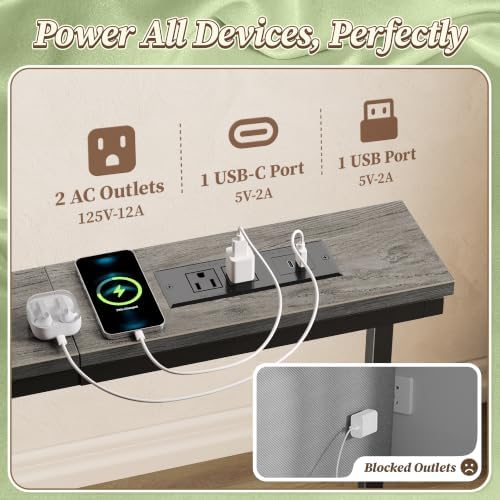 Huuger 110.2-133.8'' Extendable Behind Couch Table with Outlets, Grey