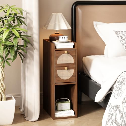 Narrow Nightstand (Rattan & Wood) - Small Bedside Table with 2 Drawers, Open Shelf, Mid Century Modern End Table - for Bedroom, Living Room & Small Spaces, Walnut