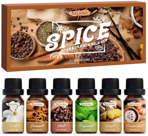 SALKING Spice Essential Oils, Premium Fragrance Oil for Diffuser, Scented Oil Gift Set for Soap Candle Making - Cinnamon, Clove, Vanilla, Pumpkin Spice, Peppermint, Ginger