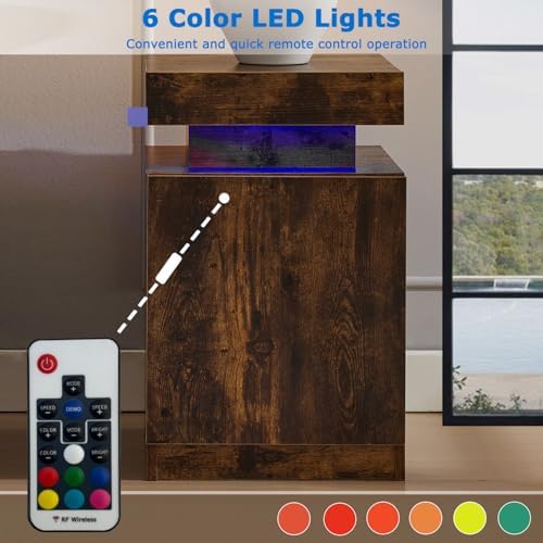 Nightstand with LED Lights Set of 2, 2 Pieces Bedside Tables with Storage Cabinet, Modern End Tables for Bedroom, Brown