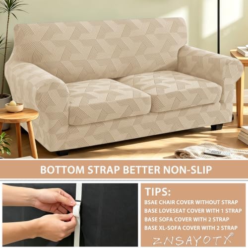 ZNSAYOTX 3 Piece Stretch Loveseat Covers (55"-71") New-Rectangle Texture, Thick Sofa Covers for 2 Cushion Couch Universal Sofa Slip Cover with Elastic Bottom & Buckle, Soft Protector Khaki